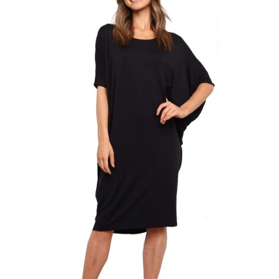 Brushed Milk Silk Solid New arrivals Women Soft Casual Dresses mid sleeve black dress